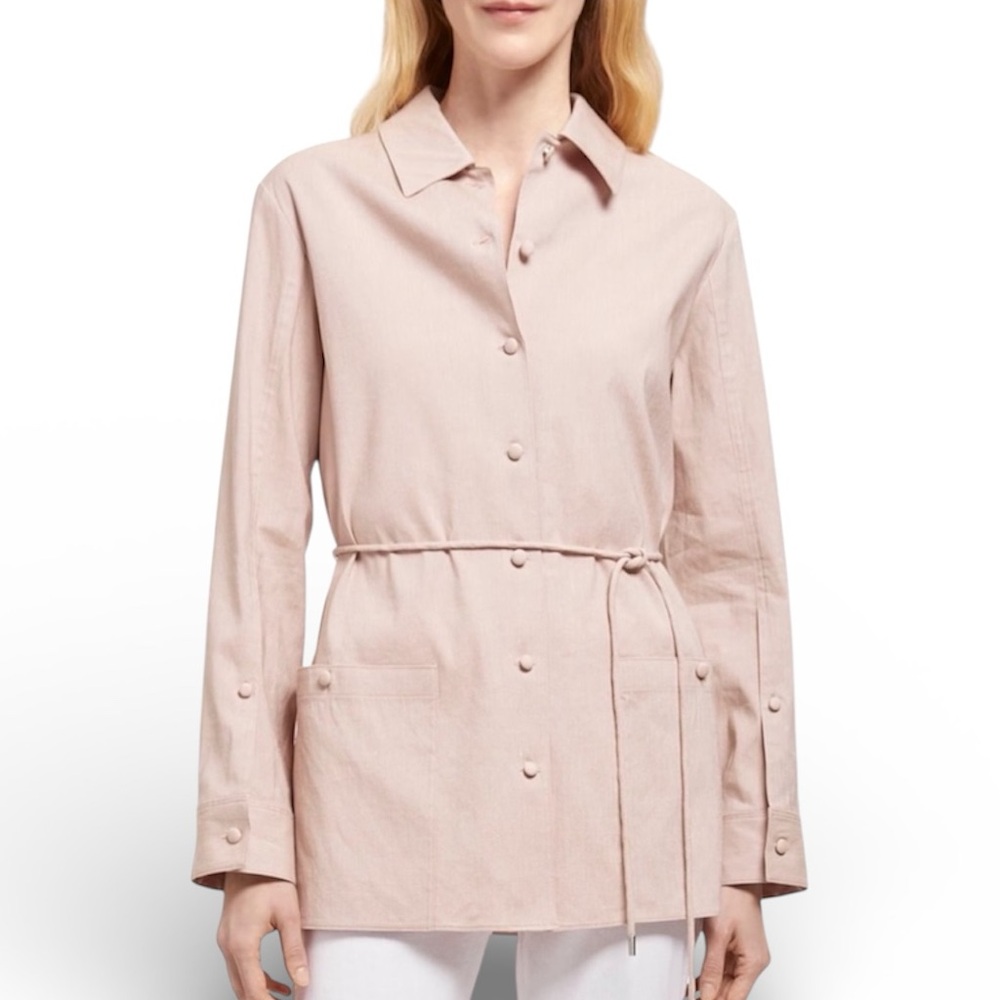 THEORY‎ Linen Blend Belted Shirt Jacket in Light Pink